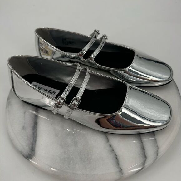 STEVE MADDEN Silver Faux Patent Leather Alisah Ballet Flats - Picture 7 of 14